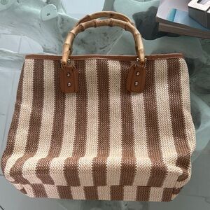 Bamboo Straw Striped Brown and Cream Tote Bag